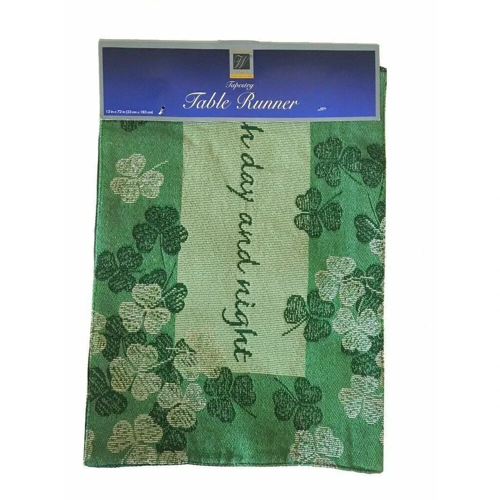 St Patrick's Day Table Runner Good Luck Tapestry Green Shamrocks 13x72